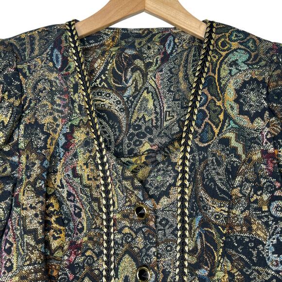 Vintage 80s Brocade Jacket Size Medium Black Gold Cotton Jacquard Tapestry Braid - Picture 4 of 9